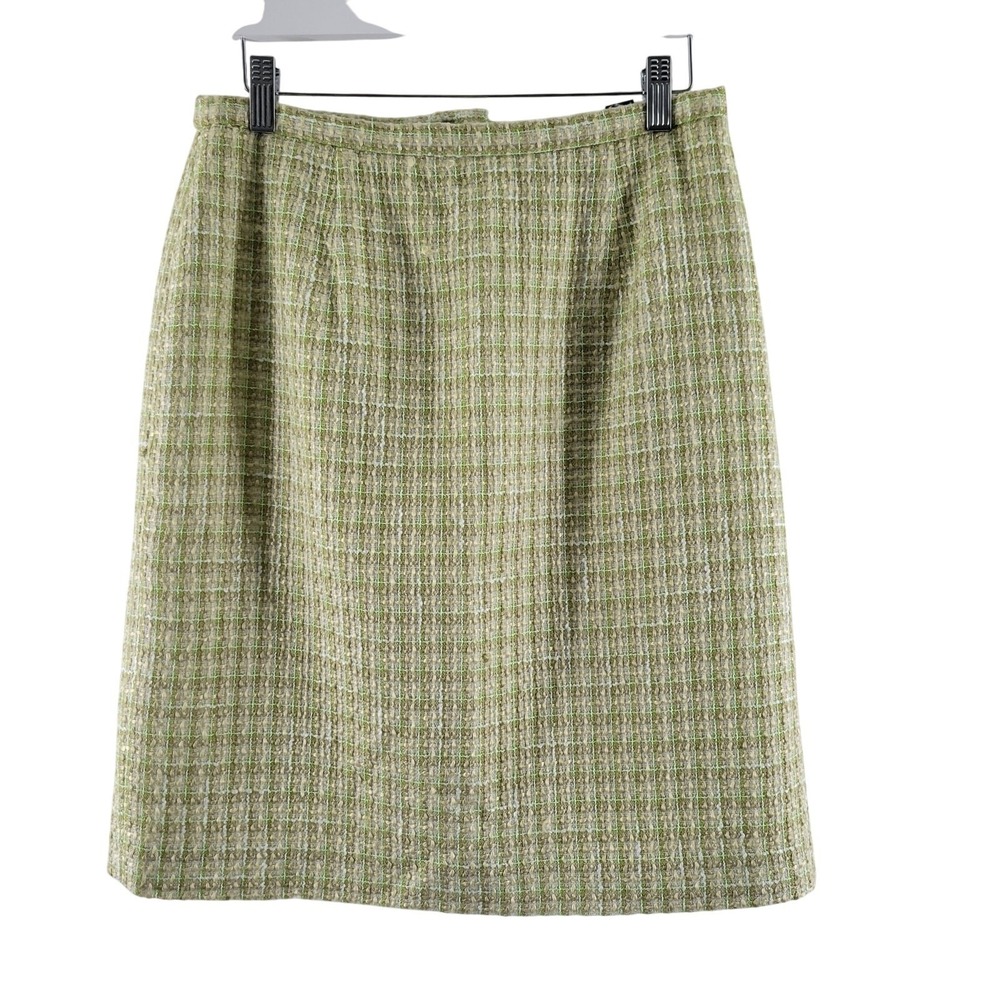 Karen Scott Tweed Skirt Women 10 Green Plaid Textured Lined Pencil Back Vent